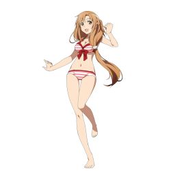 Rule 34 | 10s, 1girl, asuna (sao), barefoot, bikini, breasts, brown eyes, brown hair, cleavage, collarbone, feet, full body, highres, long hair, long legs, looking at viewer, medium breasts, navel, official art, open mouth, simple background, solo, striped bikini, striped clothes, swimsuit, sword art online, sword art online: code register, thigh gap, toes, white background
