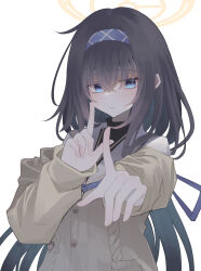 Rule 34 | 1girl, absurdres, black hair, black undershirt, blue archive, blue eyes, blue hairband, blue neckerchief, brown sweater, closed mouth, commentary, hair between eyes, hairband, halo, hand up, highres, index finger raised, long hair, long sleeves, looking at viewer, neckerchief, sailor collar, school uniform, simple background, solo, su ha ya, sweater, ui (blue archive), upper body, very long hair, white background, white sailor collar, yellow halo