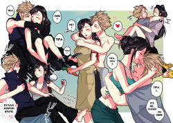 Rule 34 | 1boy, 1girl, apron, arm ribbon, babigonice, bare shoulders, barefoot, black hair, blonde hair, blue eyes, blush, carrot, casual, cloud strife, couple, crop top, cup, earrings, english text, final fantasy, final fantasy vii, final fantasy vii advent children, gloves, heart, hetero, holding, holding carrot, holding cup, holding knife, hug, hug from behind, jewelry, kiss, knife, long hair, looking at another, midriff, navel, red eyes, ribbon, shirt, shorts, sitting, sitting on lap, sitting on person, sleeveless, speech bubble, t-shirt, tank top, text focus, tifa lockhart, topless male