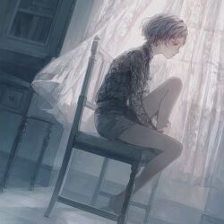 Rule 34 | 1girl, album cover, barefoot, closed mouth, cover, curtains, denonbu, earrings, expressionless, floor, grey hair, grey theme, haijima ginka, hotatenshi, hugging own legs, indoors, jewelry, knee up, long sleeves, looking down, official alternate costume, official art, on chair, profile, shirt, short hair, short shorts, shorts, sitting, solo, window