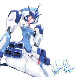 Rule 34 | 10s, 2018, :o, arm support, blue eyes, blush, breasts, darling in the franxx, delphinium (darling in the franxx), hori shin, looking at viewer, mecha, medium breasts, no humans, no nose, robot, shadow, signature, simple background, sitting, solo, thick thighs, thighs, white background