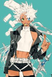 Rule 34 | 1other, :d, androgynous, arm support, bare shoulders, black jacket, black shorts, blue background, blue eyes, candy, contrapposto, cowboy shot, cropped jacket, cropped shirt, crossed fingers, fang, fingernails, food, green eyes, hand up, heterochromia, highres, jacket, lollipop, long hair, looking at viewer, midriff, open clothes, open jacket, open mouth, original, pigeon666, shirt, shorts, sketch, sleeveless, sleeveless shirt, smile, solo, sword, turtleneck, weapon, white hair, white shirt