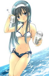 Rule 34 | 1girl, bad id, bad pixiv id, bikini, blush, can, cutoffs, denim, denim shorts, drink, female focus, foreshortening, hairband, halterneck, hand up, head tilt, holding, light smile, long hair, looking at viewer, navel, ocean, open clothes, open fly, open shorts, short shorts, shorts, side-tie bikini bottom, smile, solo, swimsuit, thigh gap, water, white bikini