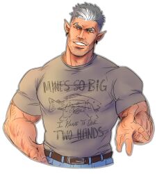 Rule 34 | 1boy, aquiline nose, arm hair, bara, beard stubble, charlie (kon), cheekbones, clothes writing, cropped torso, denim, earrings, facial hair, grey hair, grey shirt, grin, head tilt, highres, jeans, jewelry, kon (yamzokk), large pectorals, looking at viewer, male focus, mature male, multicolored hair, muscular, muscular male, mustache stubble, original, pants, pectorals, pointy ears, seductive smile, shirt, short hair, smile, solo, streaked hair, strongman waist, stubble, t-shirt, thick eyebrows, unfinished, white hair