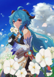 Rule 34 | 1girl, absurdres, ahoge, artist name, bare shoulders, bell, black gloves, blue hair, blue sky, bodystocking, bow, chinese knot, cloud, detached sleeves, field, flower, flower field, flower knot, ganyu (genshin impact), genshin impact, gloves, highres, holding, holding flower, horns, long hair, looking at viewer, low ponytail, neck bell, outdoors, petals, purple eyes, qingxin flower, sidelocks, sky, smile, solo, user cyhj2238, vision (genshin impact), white flower, white sleeves