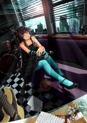 Rule 34 | 1girl, absurdres, akiyama mio, aqua nails, aqua pantyhose, bare shoulders, bbkid, beamed quavers, black eyes, black hair, window blinds, blue pantyhose, cane, checkered floor, corded phone, couch, crotchet rest, dated, don&#039;t say &quot;lazy&quot;, dress, drum, drum set, dutch angle, electric guitar, facepaint, fingerless gloves, floor, gloves, guitar, hat, head tilt, heart, high heels, highres, hime cut, instrument, k-on!, lens flare, light rays, light smile, long hair, looking at viewer, microphone, mini hat, mini top hat, musical note, nail polish, pantyhose, phone, photo (object), quaver, quaver rest, rabbit, room, sheet music, shoes, signature, single glove, sitting, sketch, solo, star (symbol), striped, sun, sunbeam, sunlight, top hat, treble clef, window