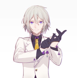 Rule 34 | 1boy, adjusting clothes, adjusting gloves, bad id, bad pixiv id, blue eyes, csyday, fate/grand order, fate (series), formal, gloves, grey hair, hair between eyes, half gloves, highres, male focus, necktie, no mask, prince of lan ling (fate), short hair, solo, suit, upper body