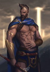 Rule 34 | abs, absurdres, artist name, bara, bare pectorals, beard, biceps, blurry, blurry background, body hair, breasts, brown eyes, brown hair, cape, dust, ear piercing, earrings, facial hair, gauntlets, highres, jewelry, lance, large breasts, league of legends, light rays, loincloth, male focus, manly, mature male, mohawk, muscular, muscular male, navel, nipples, pantheon (league of legends), pectoral cleavage, pectorals, piercing, polearm, saturn (satscarlet), scar, scar on chest, scar on stomach, solo, tattoo, thick arms, weapon