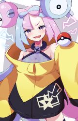 Rule 34 | 1girl, absurdres, bare shoulders, blue hair, blush, bow-shaped hair, character hair ornament, creatures (company), fang, game freak, hair ornament, highres, holding, holding poke ball, iono (pokemon), jacket, long hair, long sleeves, nintendo, open mouth, pink eyes, pink hair, piyo to game, poke ball, poke ball (basic), pokemon, pokemon sv, skin fang, sleeves past fingers, sleeves past wrists, solo, twintails, very long hair, wide sleeves