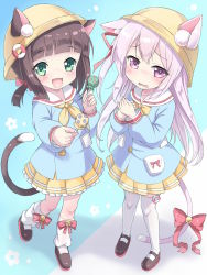 Rule 34 | 2girls, :d, animal ears, azur lane, bell, black footwear, blue background, blue shirt, blunt bangs, blush, bow, bowtie, brown hair, candy, cat ears, cat girl, cat tail, child, collarbone, commentary request, ears through headwear, fingernails, food, full body, green eyes, hands on own chest, hat, highres, holding, holding candy, holding food, holding lollipop, jingle bell, kimagure blue, kindergarten uniform, kisaragi (azur lane), kneehighs, lollipop, long hair, long sleeves, looking at viewer, loose socks, mary janes, multiple girls, mutsuki (azur lane), neckerchief, one side up, open mouth, outstretched arm, own hands together, parted lips, pink eyes, pink hair, reaching, reaching towards viewer, religious offering, ribbon, school hat, shirt, shoes, short hair, side ponytail, simple background, skirt, smile, socks, standing, standing on one leg, tail, thighhighs, twintails, white legwear, yellow hat, yellow neckwear, yellow skirt