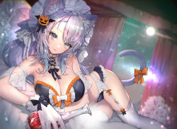Rule 34 | 1girl, animal ears, bare shoulders, bell, breasts, cat ears, cat tail, choker, closed mouth, eyebrows, feet out of frame, gloves, hair ornament, highres, hitowa, large breasts, long hair, looking at viewer, lying, neck bell, on side, original, silver hair, smile, tail, thighhighs, underwear, white gloves, white thighhighs
