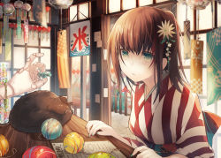 Rule 34 | 1girl, :/, aqua nails, bench, blush, brown hair, candy, cat, doll joints, doorway, english text, fence, green eyes, hair ornament, holding, indoors, japanese clothes, joints, kanzashi, kazutake hazano, kimono, menu, nail polish, obi, open mouth, original, red nails, sash, solo focus, sparkle, striped clothes, striped kimono, wind chime, wrapped candy