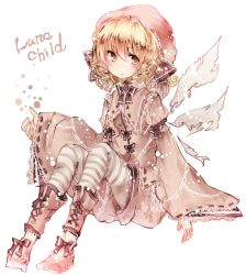 Rule 34 | 1girl, ankle boots, arm ribbon, blonde hair, boots, character name, dress, drill hair, embellished costume, fairy wings, footwear ribbon, full body, hair ribbon, head scarf, highres, joou heika (precare deum), knees up, leg warmers, light frown, looking at viewer, luna child, pantyhose, ribbon, ribbon-trimmed sleeves, ribbon trim, short hair, simple background, sitting, sleeves past wrists, solo, striped clothes, striped pantyhose, striped thighhighs, thighhighs, touhou, twin drills, white background, white dress, wings, yellow eyes