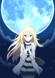 Rule 34 | 1girl, bag, black choker, black shorts, blonde hair, blue eyes, choker, cloud, collarbone, commentary request, cowboy shot, expressionless, floating hair, full moon, hair between eyes, highres, interlocked fingers, jacket, long hair, moon, night, night sky, open clothes, open jacket, own hands clasped, own hands together, parted lips, piatin, praying, rachel gardner, satsuriku no tenshi, shirt, shorts, shoulder bag, sky, solo, star (sky), starry sky, striped clothes, striped shirt, white jacket