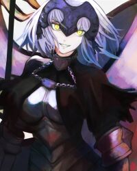 Rule 34 | 1girl, armor, armored corset, battle standard, chain, couter, fate/grand order, fate (series), gauntlets, gorget, highres, jeanne d&#039;arc alter (avenger) (fate), jeanne d&#039;arc alter (fate), looking at viewer, moedredd, short hair, solo, standard bearer, white hair, wind, yellow eyes