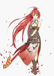 Rule 34 | 1girl, boots, breasts, dress, fire, fire, full body, gloves, ignis, jingai makyou, large breasts, long hair, looking at viewer, nitroplus, ponytail, purple eyes, red hair, solo, sorakujira (pixiv), sword, walking, weapon