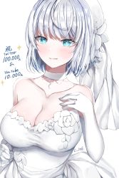 Rule 34 | 1girl, alternate costume, bad id, bad pixiv id, blue eyes, breast suppress, breasts, bright pupils, choker, cleavage, collarbone, davi artman, dress, hand on own chest, highres, indie virtual youtuber, large breasts, milestone celebration, re-ka, short hair, silver hair, solo, sparkle, virtual youtuber, wedding dress, white choker, white dress, white headwear, white pupils