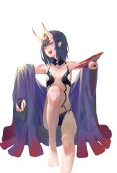 Rule 34 | 1girl, :d, absurdres, bare legs, barefoot, black choker, black hair, breasts, bridal gauntlets, choker, cleavage, collarbone, cup, fate/grand order, fate (series), hair ornament, highres, holding, horns, kaze 22, navel, open mouth, pointy ears, revealing clothes, sakazuki, short hair, shuten douji (fate), sideboob, simple background, sitting, skin-covered horns, small breasts, smile, solo, white background