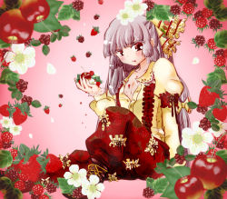 Rule 34 | 1girl, arm support, blush, bow, cherry, eating, female focus, flower, food, food-themed clothes, fruit, fujiwara no mokou, grey hair, hair bow, komaku juushoku, long hair, open clothes, open shirt, pink background, raspberry, red eyes, ribbon, shirt, sitting, solo, strawberry, strawberry blossoms, suspenders, touhou, very long hair