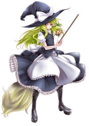 Rule 34 | 1girl, apron, blonde hair, boots, bow, braid, broom, buttons, dress shirt, female focus, frills, full body, grin, hair bow, hat, hat bow, hayase kento, high collar, kirisame marisa, knee boots, long hair, looking at viewer, mini-hakkero, mini-kakkero, shirt, short sleeves, simple background, single braid, skirt, smile, solo, standing, teeth, throwing, tossing, touhou, vest, white background, wind, wind lift, witch, witch hat, yellow eyes, yin yang