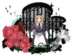 Rule 34 | 1girl, axis powers hetalia, bad id, bad pixiv id, beads, belarus (hetalia), blonde hair, blue eyes, bow, curtains, dress, female focus, flower, hair bow, iseri, jewelry, lace, long hair, nature, necklace, ribbon, rose, solo, striped ribbon, thorns