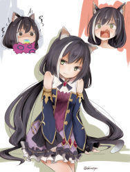 Rule 34 | 1girl, @ @, akino shuu, animal ear fluff, animal ears, black hair, blue sleeves, breasts, cat ears, cat girl, cat tail, closed mouth, commentary request, detached sleeves, frilled skirt, frills, green eyes, hair between eyes, karyl (princess connect!), long hair, long sleeves, low twintails, multicolored hair, multiple views, princess connect!, purple skirt, shirt, skirt, sleeveless, sleeveless shirt, sleeves past wrists, small breasts, streaked hair, tail, tears, twintails, twitter username, very long hair, vomiting rainbows, wavy mouth, white hair, white shirt, wide sleeves