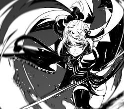 Rule 34 | 1girl, blood, blood on face, cape, dress, fate/grand order, fate (series), floating cape, floating hair, greyscale, highres, holding, holding sword, holding weapon, longlong (drasdr7513), looking at viewer, medium hair, monochrome, okita souji (fate), okita souji alter (fate), sidelocks, slashing, solo, sword, thighhighs, weapon