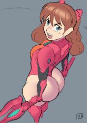 Rule 34 | 1girl, adapted costume, ass press, between buttocks, brown hair, curvy, foreshortening, grey background, highleg, highleg leotard, highres, holding, holding weapon, impossible clothes, impossible leotard, lance of cassius, leotard, looking at viewer, looking back, neon genesis evangelion, open mouth, polearm, shiny clothes, signature, skindentation, smile, souryuu asuka langley, standing, thong leotard, weapon, wide hips, zestysauce