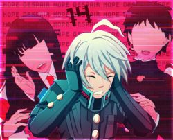 Rule 34 | 1girl, 2boys, ahoge, android, black gloves, black jacket, border, brown hair, cheer (cheerpuppy14), clenched teeth, closed eyes, collared shirt, commentary, covering own ears, danganronpa (series), danganronpa v3: killing harmony, english commentary, faceless, faceless female, faceless male, gloves, grey hair, hair between eyes, highres, jacket, k1-b0, long hair, multiple boys, necktie, open mouth, pink background, pink border, red neckwear, shirt, short hair, solo focus, teeth, upper body, upper teeth only