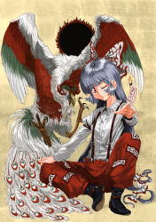 Rule 34 | 1girl, bird, female focus, fujiwara no mokou, full body, sitting, solo, suspenders, touhou, tsurui