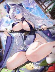 Rule 34 | 1girl, absurdres, architecture, arlene (ju), asymmetrical bangs, azur lane, blue sky, breasts, butterfly over eye, cherry blossoms, chinese commentary, commentary request, east asian architecture, floral print, floral print kimono, grey hair, hair over one eye, headpiece, highres, holding, holding sword, holding weapon, indoors, jacket, japanese clothes, katana, kimono, large breasts, long bangs, long hair, long sleeves, manjuu (azur lane), multicolored hair, no panties, print kimono, puffy long sleeves, puffy sleeves, purple hair, sheath, sheathed, shirt, shouji, side slit, sitting, skindentation, sky, sliding doors, sling bikini top, solo, streaked hair, surprised, sword, t-shirt, tatami, thick thighs, thighs, unsheathing, unzen (azur lane), very long hair, wariza, weapon, white jacket, white kimono, wide sleeves