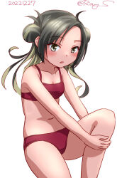 Rule 34 | 1girl, ahoge, black hair, bra, breasts, cowboy shot, dated, double bun, feet out of frame, forehead, green hair, hair bun, kantai collection, long hair, makinami (kancolle), multicolored hair, one-hour drawing challenge, panties, ray.s, red bra, red panties, simple background, sitting, small breasts, solo, twitter username, underwear, underwear only, white background