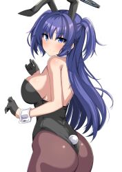 Rule 34 | 1girl, alternate costume, animal ears, ass, bare shoulders, black gloves, blue archive, blue eyes, blue hair, blush, breasts, brown pantyhose, closed mouth, fake animal ears, fake tail, from behind, garukichi, gloves, halo, highres, large breasts, long hair, looking at viewer, pantyhose, rabbit ears, rabbit tail, sideboob, simple background, smile, solo, tail, two side up, white background, yuuka (blue archive)