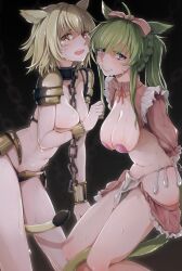 Rule 34 | 2girls, absurdres, ahoge, armor, arms behind back, between breasts, between legs, bikini armor, black background, blonde hair, braid, breasts, brh, cat girl, chain, chain between breasts, clenched teeth, collar, collarbone, condom, condom belt, crying, crying with eyes open, facial mark, feet out of frame, final fantasy, final fantasy xiv, green hair, highres, large breasts, long hair, looking at viewer, multiple girls, navel, open mouth, pasties, pelvic curtain, ponytail, purple eyes, red eyes, saliva, short hair, stomach, sweat, tail, tail between legs, tears, teeth, used condom, whisker markings, wrist cuffs