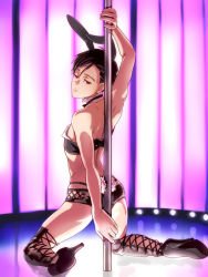 Rule 34 | 1boy, animal ears, arched back, ass, back, backlighting, bad id, bad pixiv id, bare arms, bare shoulders, between buttocks, black bow, black bowtie, black footwear, black hair, black hairband, black shorts, boots, bow, bowtie, brown eyes, cross-laced footwear, crossdressing, dimples of venus, expressionless, from behind, full body, hairband, half-closed eyes, high heel boots, high heels, hip bones, indoors, katsuki yuuri, kneeling, kneepits, legs, looking at viewer, looking back, male focus, male playboy bunny, neon lights, pole, pole dancing, rabbit ears, rabbit tail, shoe soles, short shorts, shorts, shoulder blades, solo, stage, stage lights, stiletto heels, stripper, stripper pole, tail, thigh boots, thighhighs, yamano uzura, yuri!!! on ice