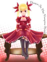 Rule 34 | blonde hair, boots, choker, dance in the vampire bund, dress, elbow gloves, fang, gloves, highres, mina tepes, red eyes, ribbon, solo