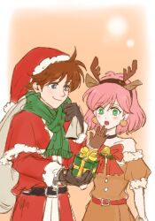 Rule 34 | 1boy, 1girl, animal costume, antlers, bartz klauser, belt, blue eyes, box, brown hair, capelet, christmas, closed mouth, dress, fake antlers, final fantasy, final fantasy v, fur-trimmed capelet, fur-trimmed headwear, fur trim, gift, gift box, gloves, green eyes, hat, holding, holding sack, horns, lenna charlotte tycoon, open mouth, pink hair, protected link, red capelet, red gloves, red headwear, reindeer antlers, reindeer costume, sa kichi, sack, santa costume, santa hat, short hair, simple background, smile