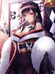 Rule 34 | 1girl, absurdres, azur lane, bad id, bad pixiv id, bare shoulders, black kimono, black sash, breasts, cleavage, cross, cross necklace, feather boa, folded fan, folding fan, hand fan, highres, hime cut, holding, holding fan, huge filesize, iron cross, japanese clothes, jewelry, kimono, large breasts, long hair, looking at viewer, meoyo, necklace, off shoulder, official alternate costume, peter strasser (azur lane), peter strasser (chronos&#039;s kalendae) (azur lane), purple eyes, sash, solo