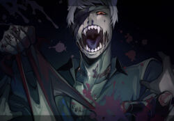 Rule 34 | 1boy, animal ears, bandage over one eye, black background, blood, blood on clothes, colored tongue, commentary request, fox boy, fox ears, grey hair, hands up, highres, looking at viewer, male focus, monster boy, monsterification, open mouth, original, pov, purple tongue, red eyes, sharp teeth, solo, solo focus, tearing clothes, teeth, torn clothes, upper body, zombie, zzb azz