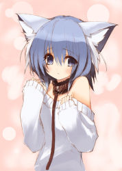 Rule 34 | 1girl, animal ear fluff, animal ears, blue eyes, blue hair, blush, cat ears, cat girl, collar, female focus, flat chest, hair between eyes, leash, long sleeves, looking at viewer, matching hair/eyes, naporu, off shoulder, original, pink background, rope, simple background, sleeves past wrists, solo, sweater, white sweater