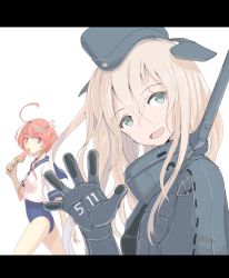 Rule 34 | 10s, 2girls, ahoge, bad id, bad pixiv id, blonde hair, blue eyes, bodysuit, boushi-ya, clothes writing, coat, collar, commentary request, diving suit, eating, food, gloves, grey coat, hair between eyes, hair ornament, holding, holding food, i-58 (kancolle), kantai collection, letterboxed, long hair, looking at viewer, multiple girls, neckerchief, open mouth, orange hair, popsicle, sailor collar, sailor shirt, school swimsuit, shirt, short hair, sidelocks, simple background, smile, snorkel, swimsuit, swimsuit under clothes, u-511 (kancolle), watermelon bar, wetsuit