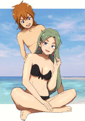 Rule 34 | 1boy, 1girl, absurdres, blue eyes, breasts, cloud, commission, earrings, full body, grandia, grandia i, green hair, haldeco, highres, jewelry, justin (grandia), lily (grandia), long hair, looking at viewer, medium breasts, mother and son, ocean, open mouth, outdoors, pixiv commission, red hair, smile, swimsuit