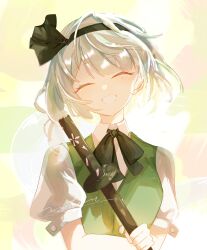 Rule 34 | 1girl, ^ ^, absurdres, backlighting, black bow, black hairband, black ribbon, blunt bangs, blush, bow, cherry blossom print, closed eyes, commentary, eyelashes, floating hair, floral print, green vest, grey hair, grin, hair bow, hairband, happy, head tilt, highres, holding, holding sword, holding weapon, katana, konpaku youmu, neck ribbon, pastel colors, puffy short sleeves, puffy sleeves, ribbon, shirt, short hair, short sleeves, signature, simple background, smile, solo, sword, touhou, upper body, vest, weapon, white shirt, yutokara 1024