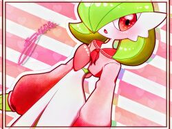 Rule 34 | 1girl, arms at sides, artist name, blush, bob cut, border, clothed pokemon, colored skin, cowboy shot, creatures (company), crop top, dutch angle, female focus, flat chest, game freak, gardevoir, gen 3 pokemon, green hair, green skin, hair over one eye, heart, heart background, heart in eye, long sleeves, looking at viewer, multicolored skin, neckerchief, nintendo, one eye covered, open mouth, outline, outside border, pink background, pink shirt, pokemon, pokemon (creature), red eyes, red neckerchief, red sailor collar, sailor collar, school uniform, serafuku, shirt, short hair, signature, solo, standing, striped background, symbol in eye, two-tone skin, white outline, white skin, yuri (fl0werspace)