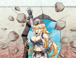Rule 34 | 10s, 1girl, arm up, armpits, bare shoulders, blonde hair, breasts, cowboy shot, detached sleeves, elbow gloves, closed eyes, fingerless gloves, front-tie top, gloves, hair between eyes, hair ornament, hand on own hip, hole in wall, iowa (kancolle), kabe ni hamatte ugokenai!, kantai collection, large breasts, long hair, miniskirt, open mouth, skirt, solo, stone wall, thighhighs, tk8d32, wall