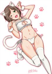 Rule 34 | 10s, 1girl, animal ears, bell, blush, bra, breasts, brown hair, cat ears, cat lingerie, cat tail, cleavage cutout, clothing cutout, collar, fang, green eyes, groin, highres, idolmaster, idolmaster cinderella girls, jingle bell, looking at viewer, maekawa miku, meme attire, navel, one eye closed, panties, paw pose, paw print, side-tie panties, signature, solo, tail, thighhighs, underwear, underwear only, white bra, white panties, white thighhighs, yosiura