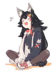 Rule 34 | 1girl, :d, animal ears, arai hito, black hair, black pantyhose, closed eyes, full body, highres, hololive, hood, hood down, hoodie, indian style, long hair, multicolored hair, music, musical note, ookami mio, ookami mio (casual), open mouth, pantyhose, red hair, shorts, singing, sitting, smile, streaked hair, tail, tail wrap, virtual youtuber, white hair, wolf ears, wolf tail