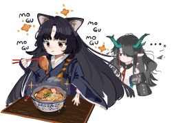 Rule 34 | 2girls, animal ears, arknights, black coat, black hair, black kimono, bowl, brown eyes, chopsticks, coat, dog ears, dog girl, dragon girl, dragon horns, dusk (arknights), eating, facial mark, food, forehead mark, hair over one eye, highres, holding, holding chopsticks, horns, infection monitor (arknights), japanese clothes, kimono, long sleeves, multiple girls, necktie, pointy ears, red neckwear, ryu (17569823), saga (arknights), simple background, white background, wide sleeves