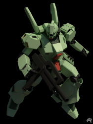 Rule 34 | 3d, absurdres, assault rifle, black background, blender (medium), commentary, english commentary, gun, gundam, gundam unicorn, highres, jegan d type, looking at viewer, machinery, mecha, mjeff, mobile suit, no humans, radio antenna, realistic, rifle, robot, science fiction, signature, solo, weapon