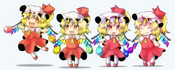 Rule 34 | ascot, blonde hair, chibi, closed mouth, fang, fang out, flandre scarlet, four of a kind (touhou), frilled sleeves, frills, full body, happy, hat, hat ribbon, highres, holding, medium hair, mob cap, multicolored wings, one side up, open mouth, puffy short sleeves, puffy sleeves, red eyes, red footwear, red ribbon, red skirt, red vest, ribbon, ribbon-trimmed headwear, ribbon trim, shirt, short sleeves, skirt, smile, socks, tomato chip, touhou, vest, white background, white hat, white shirt, white socks, wings, yellow ascot